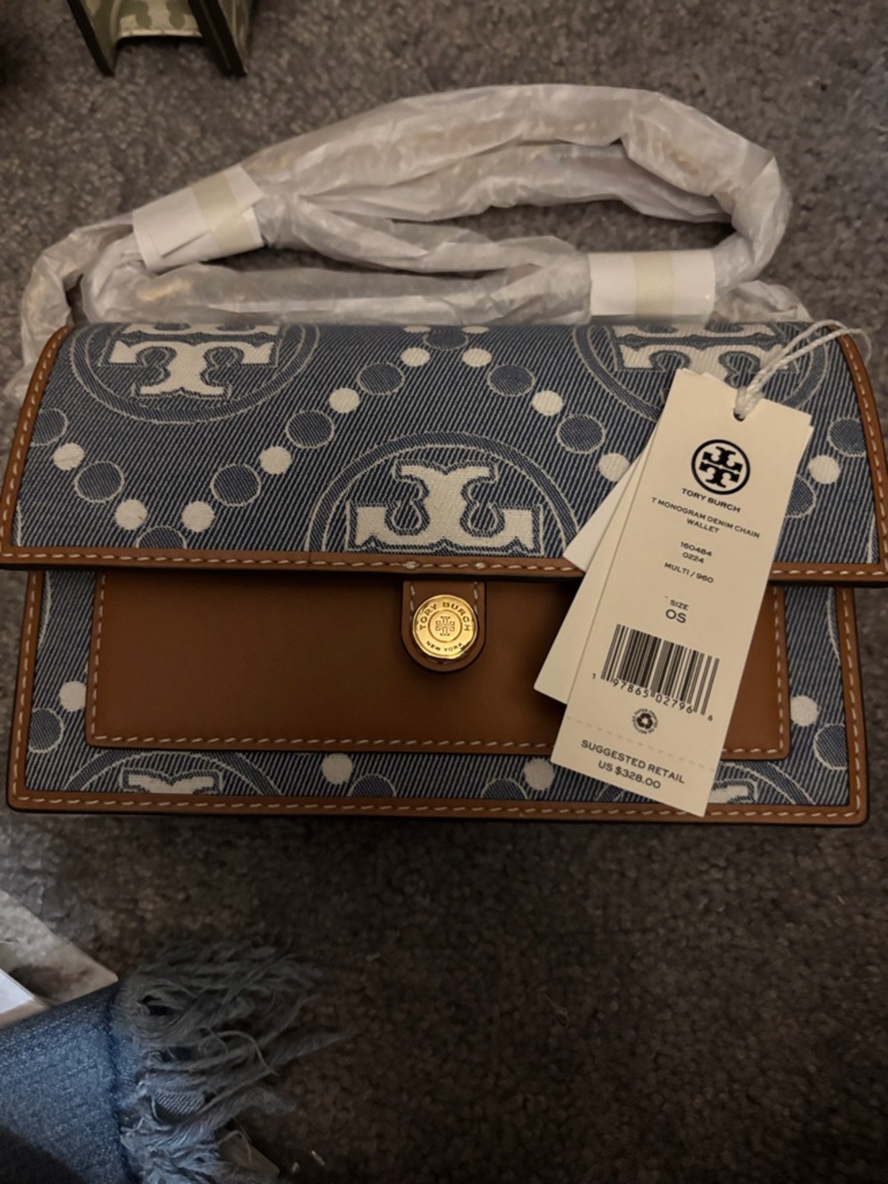 Tory Burch Blue Denim Logo Shoulder Bag with Brown Trim - Picture 2 of 8